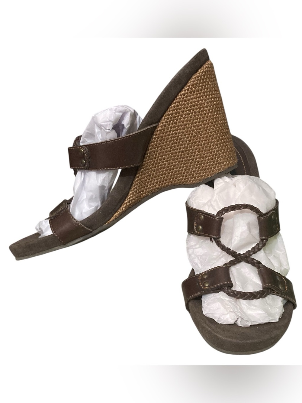 NEW Vintage Style & Co Brown Leather Woven Wedge Sandals - Size 8